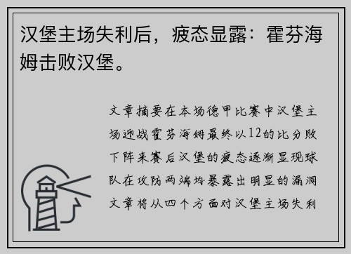 汉堡主场失利后，疲态显露：霍芬海姆击败汉堡。