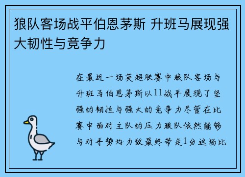 狼队客场战平伯恩茅斯 升班马展现强大韧性与竞争力