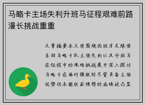 马略卡主场失利升班马征程艰难前路漫长挑战重重